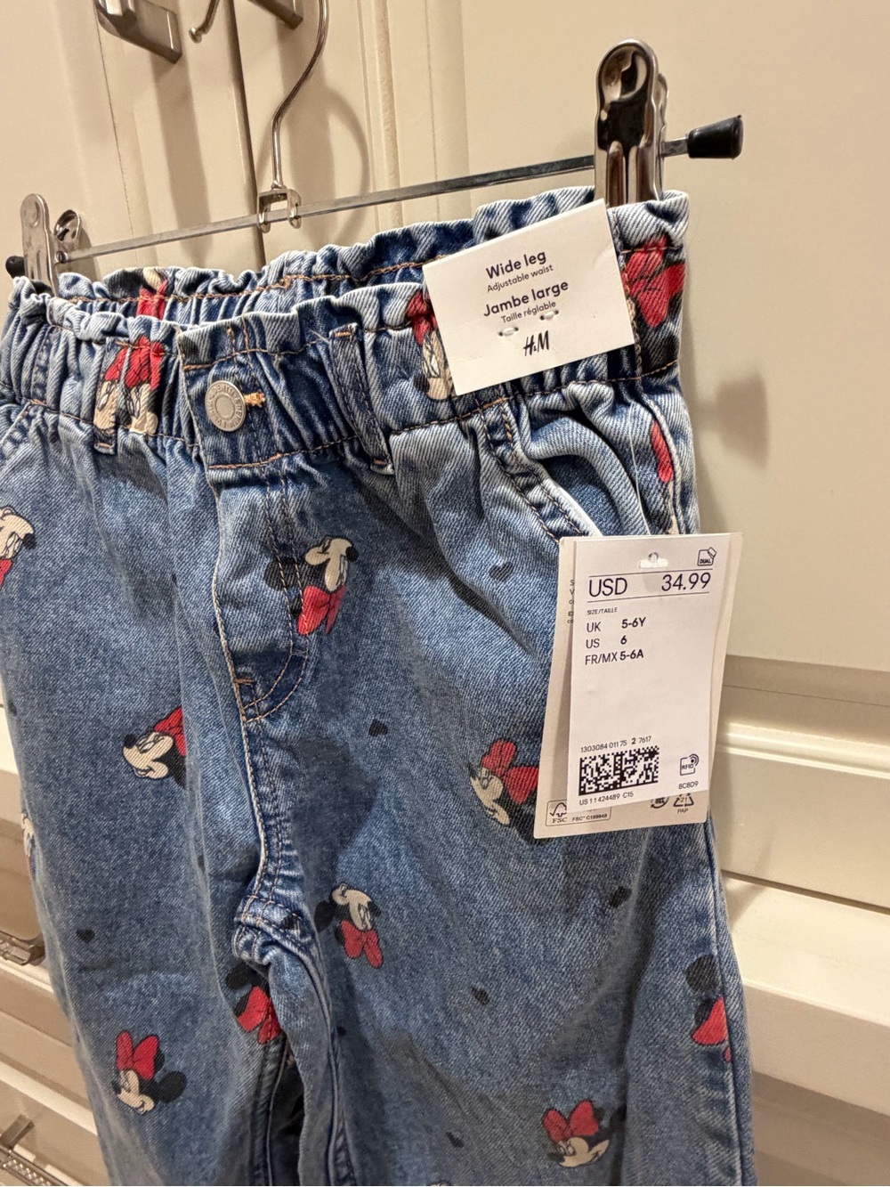 H&M Kids Denim Wide-Leg Pants with Minnie Mouse and Red Bow Accents